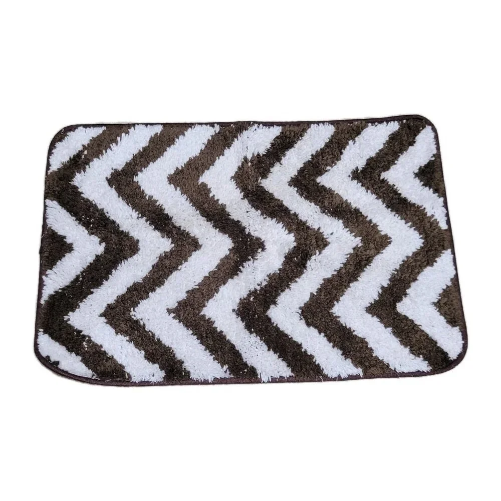 Bath Rug Short Shag Non-Slip Chevron Brown White 16 1/4